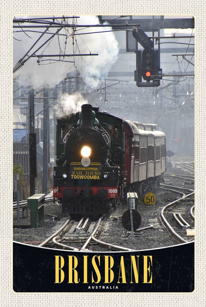[LA-1783530-H] Holzschild 18x12 cm Brisbane Australien Lokomotive Bildmotiv Reisemotiv Abenteuer Reisen