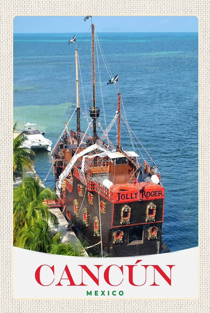 [LA-1783538-H] Holzschild 18x12 cm Cancun Mexiko Schiff Jolly Roger Bildmotiv Reisemotiv Abenteuer Reisen