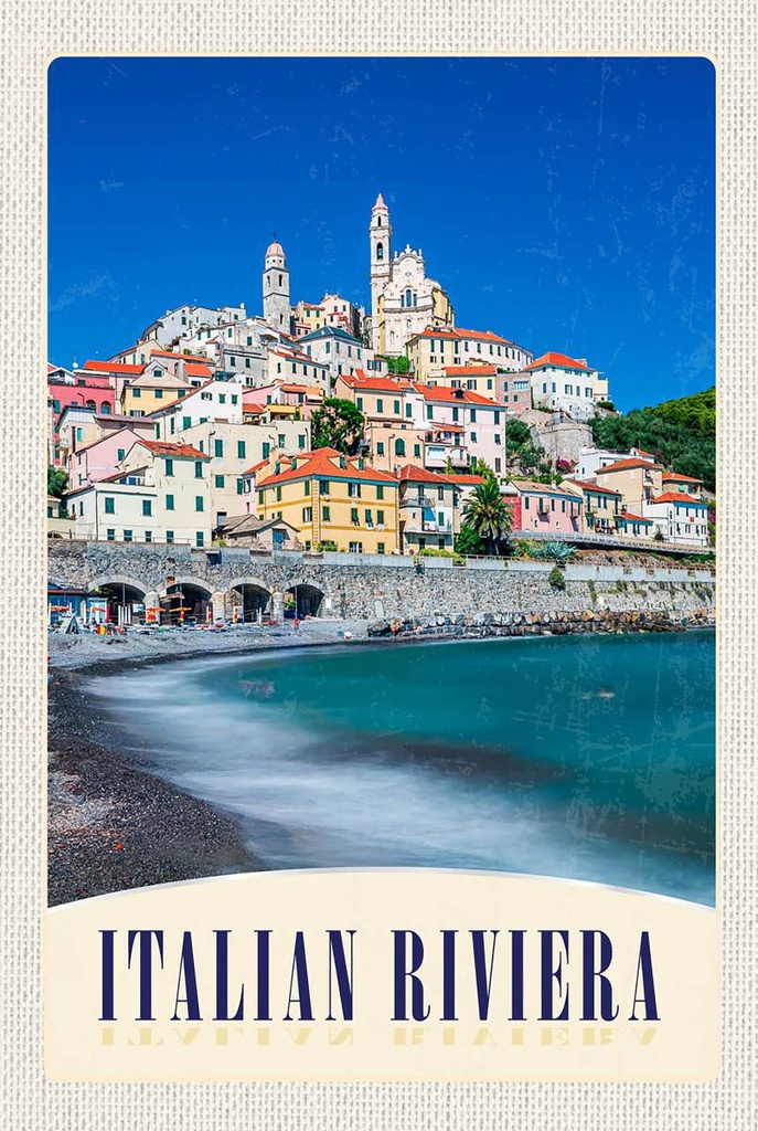 [LA-1783561-H] Holzschild 18x12 cm Italien Riviera Stadt Strand Wellen Bildmotiv Reisemotiv Abenteuer Reisen