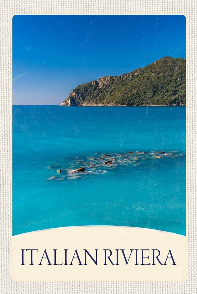 [LA-1783576-H] Holzschild 18x12 cm Italien Riviera Strand blau Meer Bildmotiv Reisemotiv Abenteuer Reisen