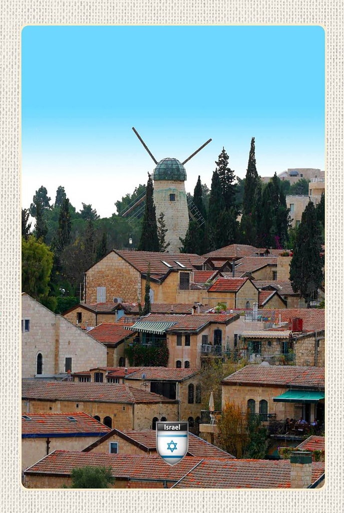 [LA-1783579-H] Holzschild 18x12 cm Israel Stadt Windmühle Natur Bildmotiv Reisemotiv Abenteuer Reisen