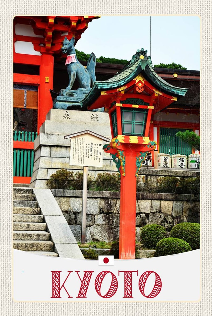 [LA-1783593-H] Holzschild 18x12 cm Kyoto Japan Skulptur Fuchs Bildmotiv Reisemotiv Abenteuer Reisen