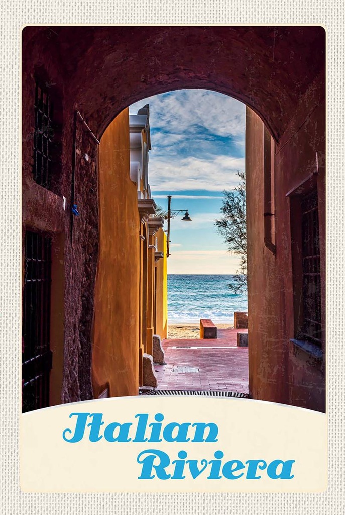 [LA-1783594-H] Holzschild 18x12 cm Italien Riviera Strand Meer Bildmotiv Reisemotiv Abenteuer Reisen