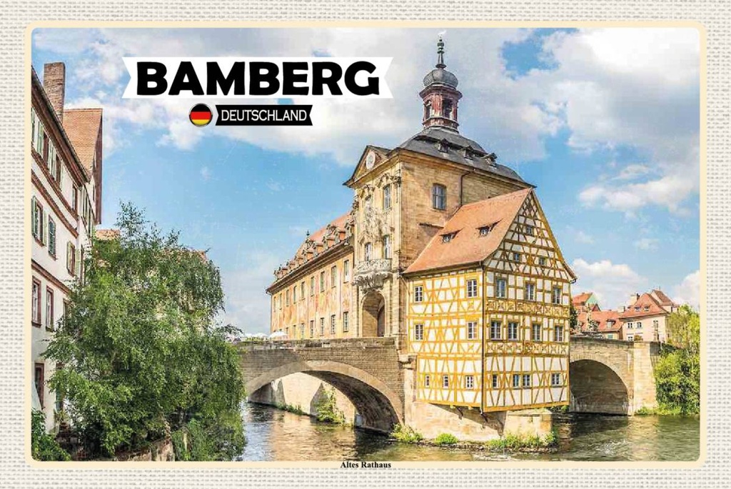 Holzschild 12x18 cm Bamberg Altes Rathaus Fluss Bildmotiv Reisemotiv Abenteuer Reisen