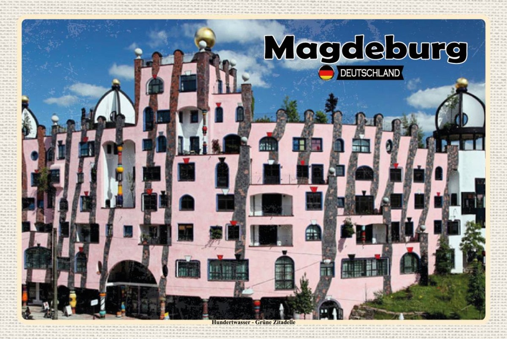 Holzschild 12x18 cm Magdeburg Hundertwasser Gebäude Bildmotiv Reisemotiv Abenteuer Reisen