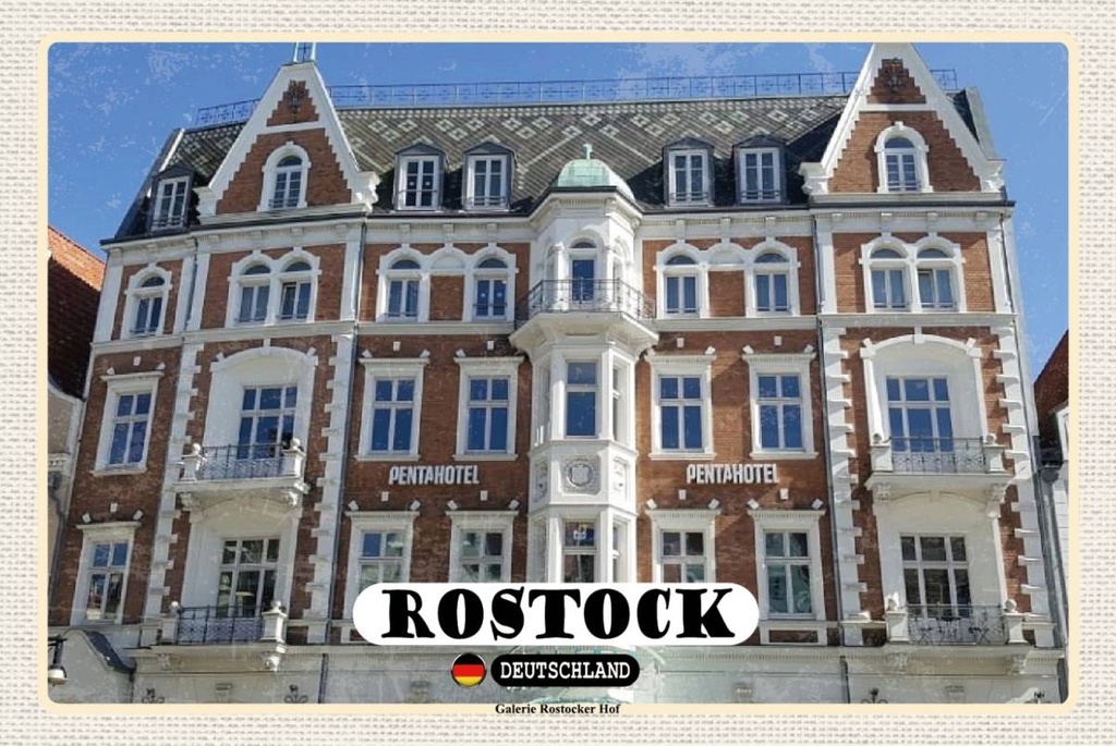 Holzschild 12x18 cm Rostock Galerie Rostocker Hof Bildmotiv Reisemotiv Abenteuer Reisen