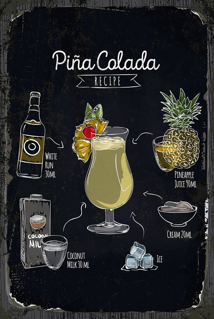 Holzschild 18x12 cm Pina Colada Coktail Recipe