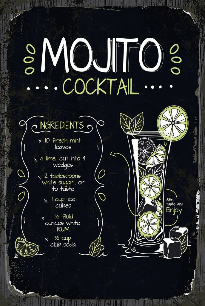 Holzschild 18x12 cm Mojito Cocktail Recipe