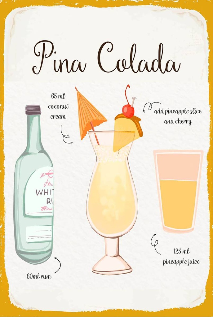 Holzschild 18x12 cm Pina Colada Cocktail Recipe