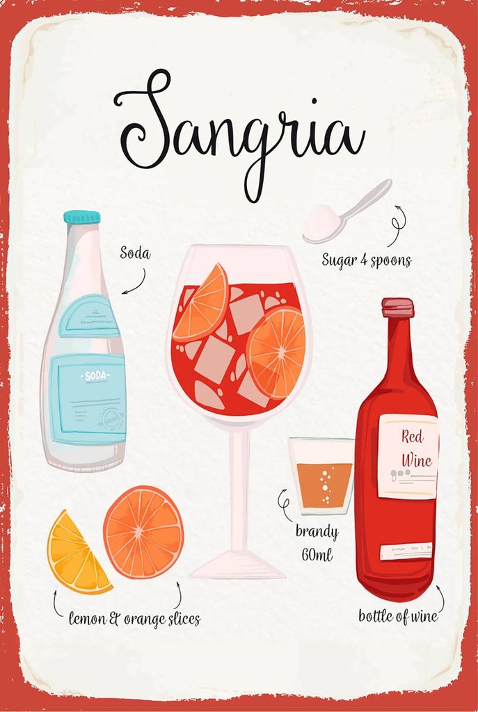 Holzschild 18x12 cm Sangria Cocktail Recipe Soda