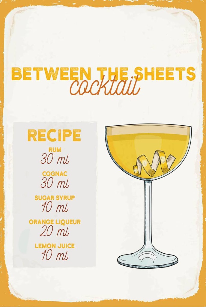 Holzschild 18x12 cm Between the Sheets Cocktail Recipe