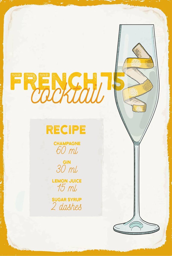 Holzschild 18x12 cm French 75 Cocktail Recipe