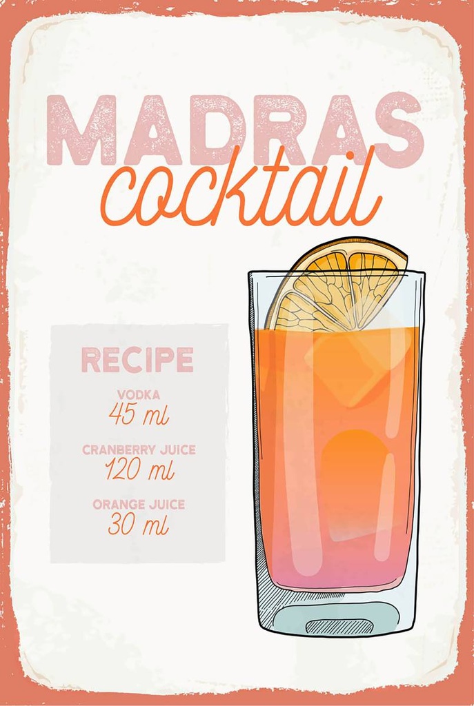 Holzschild 18x12 cm Madras Cocktail Recipe Vodka