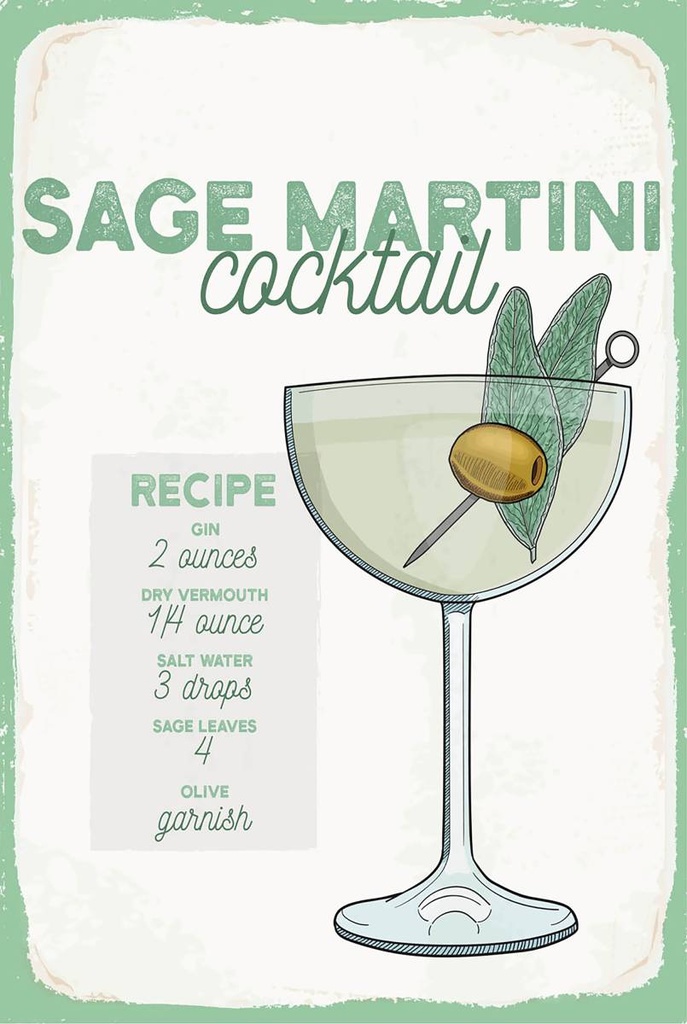Holzschild 18x12 cm Sage Martini Cocktail Recipe