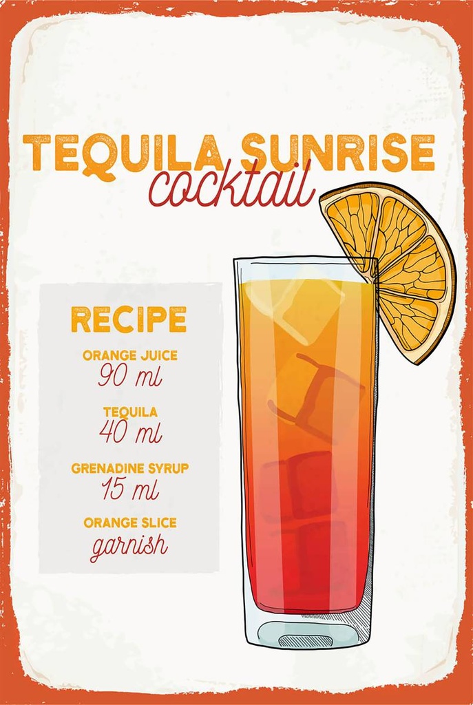 Holzschild 18x12 cm Tequila Sunrise Cocktail Recipe