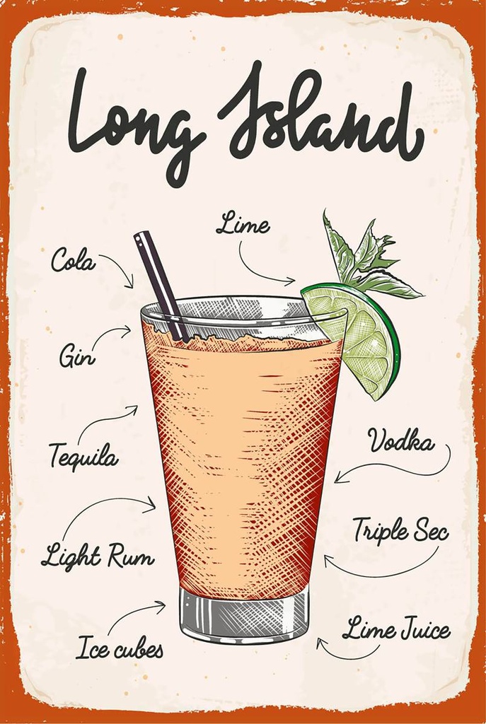 Holzschild 18x12 cm Long Island Cocktail Recipe