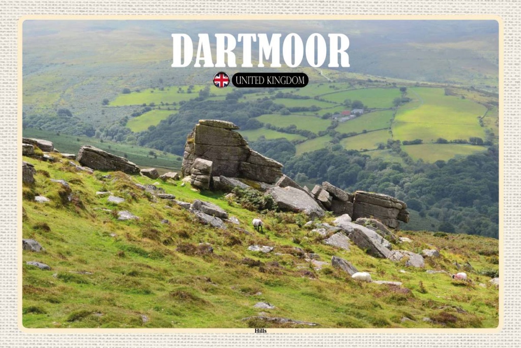 Holzschild 12x18 cm Dartmoor Hills UK England Bildmotiv Reisemotiv Abenteuer Reisen