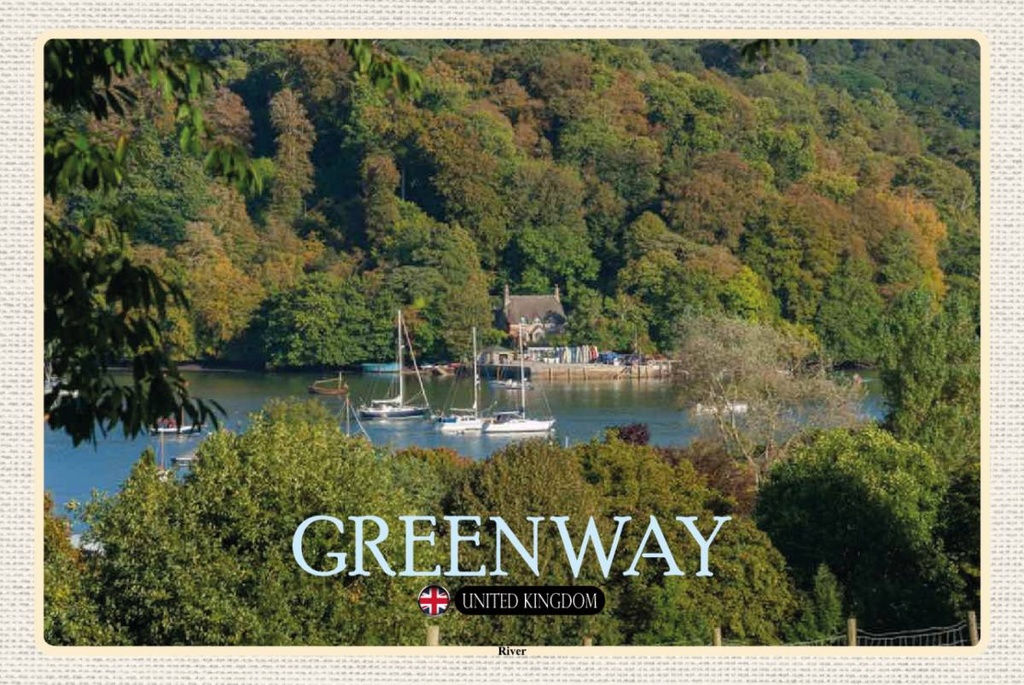 Holzschild 12x18 cm Greenway River UK England Bildmotiv Reisemotiv Abenteuer Reisen