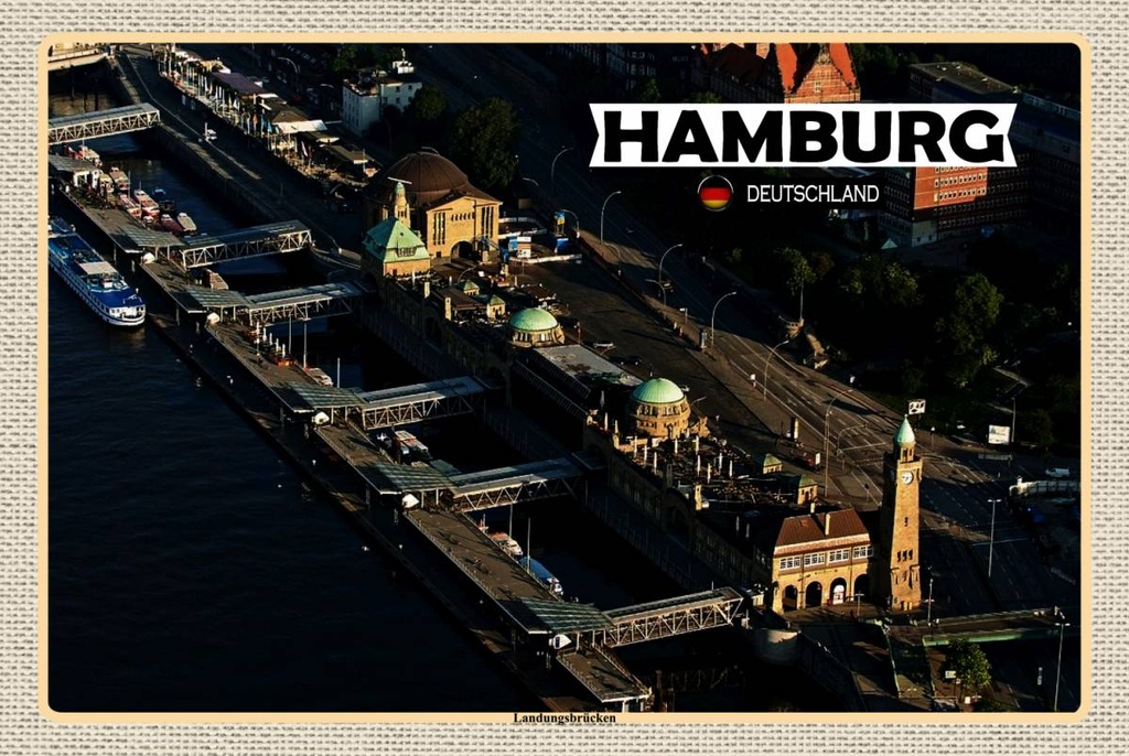 Holzschild 12x18 cm Hamburg Blick auf Landungsbrücken Bildmotiv Reisemotiv Abenteuer Reisen