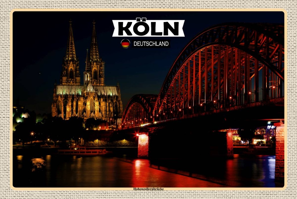 Holzschild 12x18 cm Köln Hohenzollernbrücke Nacht Bildmotiv Reisemotiv Abenteuer Reisen