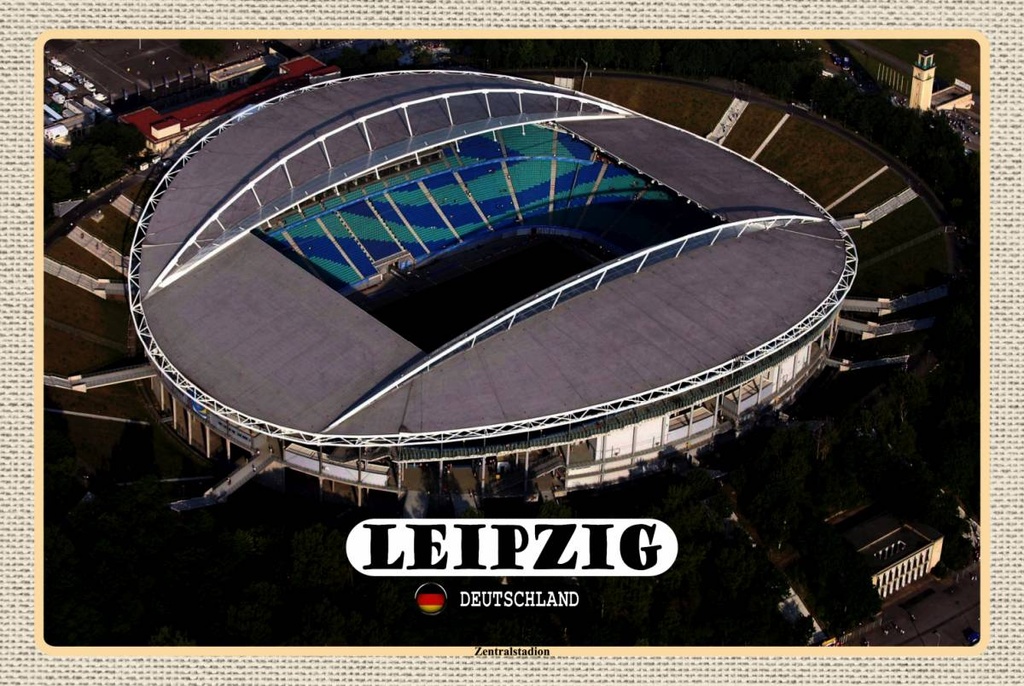 Holzschild 12x18 cm Leipzig Blick Zentralstadion Bildmotiv Reisemotiv Abenteuer Reisen