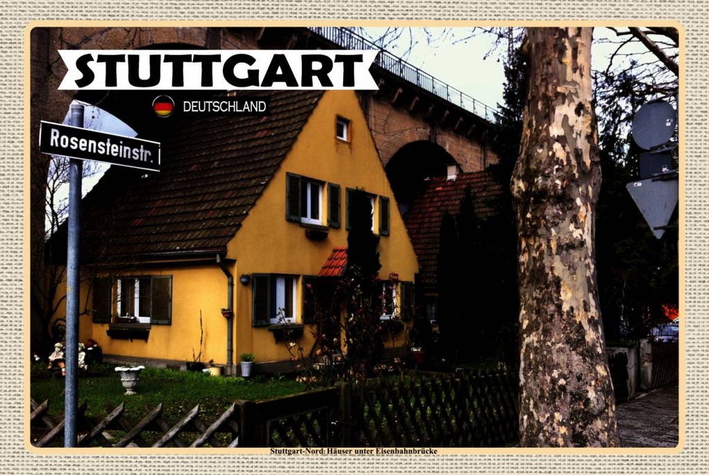 Holzschild 12x18 cm Stuttgart Nord Haus Eisenbahnbrücke Bildmotiv Reisemotiv Abenteuer Reisen