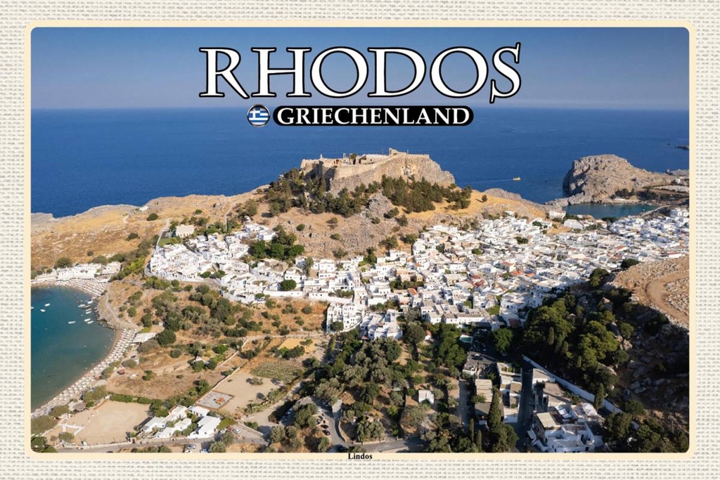 Holzschild 12x18 cm Rhodos Griechenland Lindos Stadt Meer Bildmotiv Reisemotiv Abenteuer Reisen