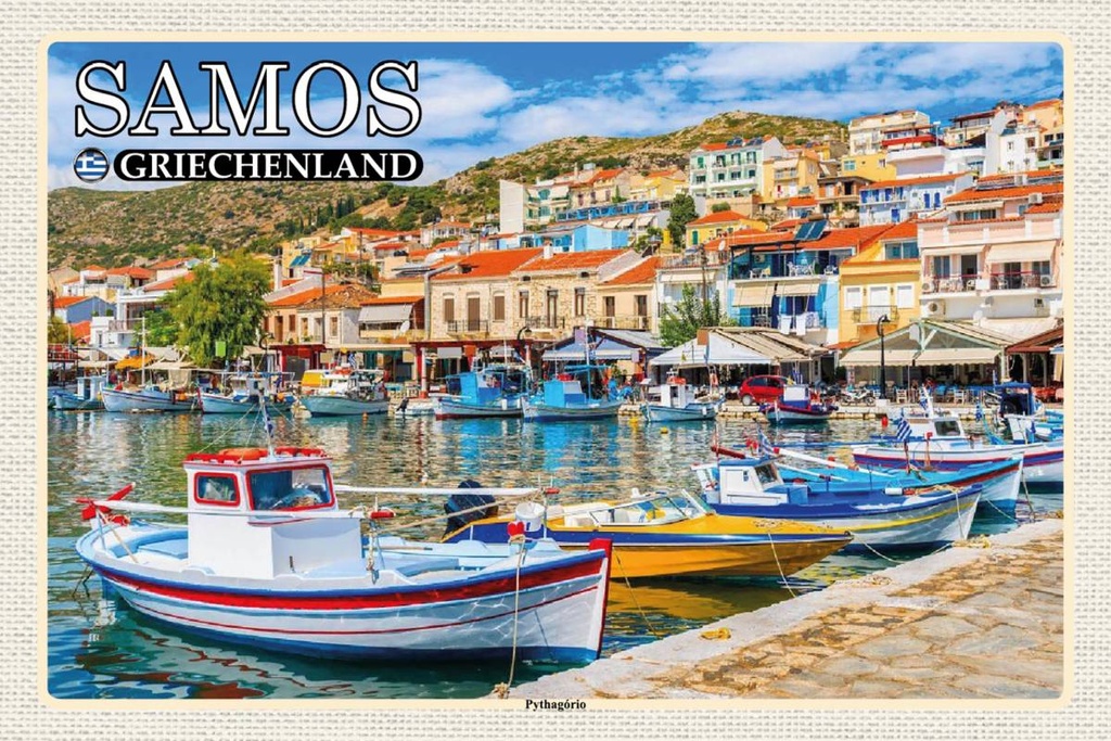 Holzschild 12x18 cm Samos Griechenland Pythagório Kleinstadt Bildmotiv Reisemotiv Abenteuer Reisen