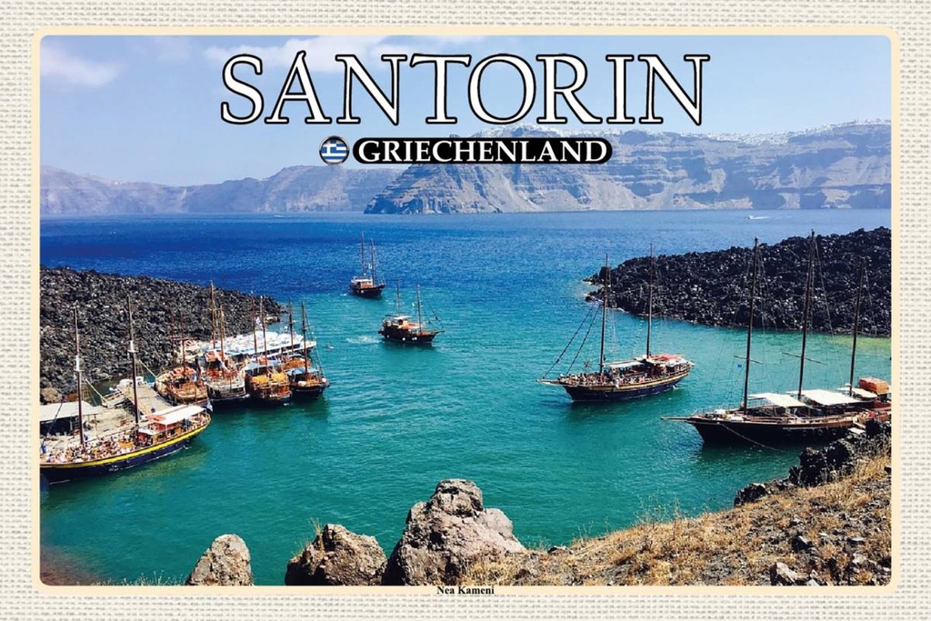 Holzschild 12x18 cm Santorin Griechenland Kameni Vulkaninsel Bildmotiv Reisemotiv Abenteuer Reisen