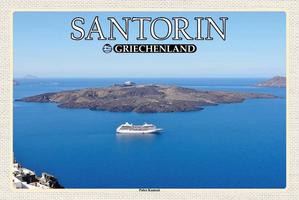 Holzschild 12x18 cm Santorin Griechenland Palea Kameni Insel Bildmotiv Reisemotiv Abenteuer Reisen