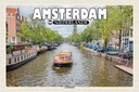 Holzschild 12x18 cm Amsterdam Niederlande Grachtenfahrt Fluss Bildmotiv Reisemotiv Abenteuer Reisen