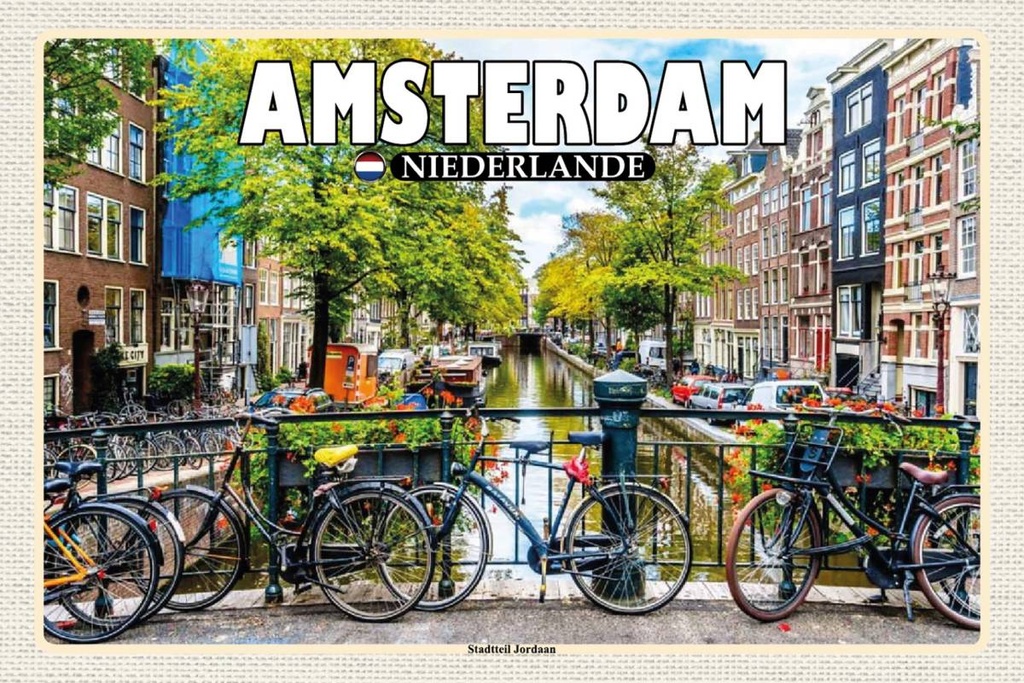 Holzschild 12x18 cm Amsterdam Niederlande Stadtteil Jordaan Bildmotiv Reisemotiv Abenteuer Reisen