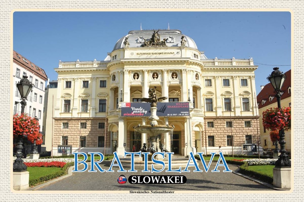 Holzschild 12x18 cm Bratislava Slowakei Slowakisches Theater Bildmotiv Reisemotiv Abenteuer Reisen