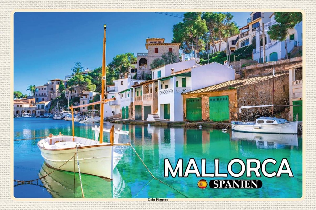 Holzschild 12x18 cm Mallorca Spanien Cala Figuera Ort Bucht Bildmotiv Reisemotiv Abenteuer Reisen