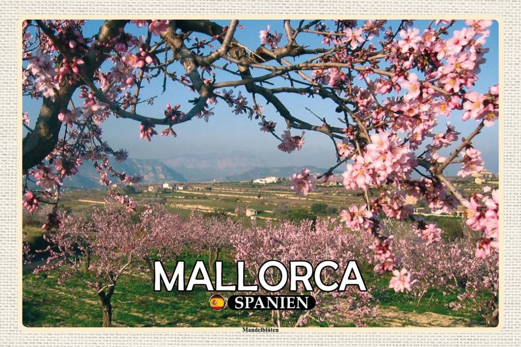 Holzschild 12x18 cm Mallorca Spanien Mandelblüten Bildmotiv Reisemotiv Abenteuer Reisen