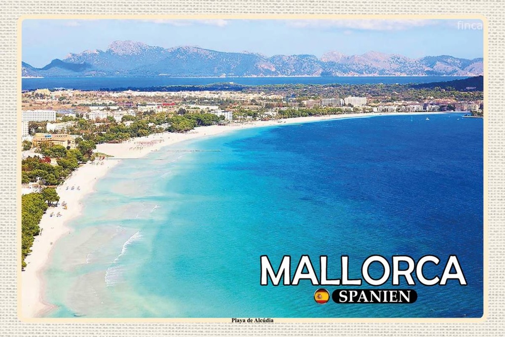 Holzschild 12x18 cm Mallorca Spanien Playa de Alcúdia Strand Bildmotiv Reisemotiv Abenteuer Reisen
