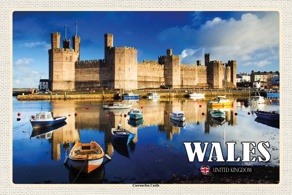 Holzschild 12x18 cm Wales United Kingdom Caernarfon Castle Bildmotiv Reisemotiv Abenteuer Reisen