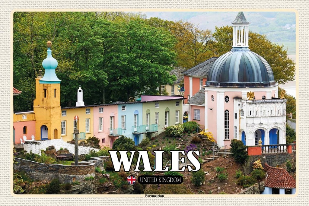 Holzschild 12x18 cm Wales United Kingdom Portmeirion Bildmotiv Reisemotiv Abenteuer Reisen