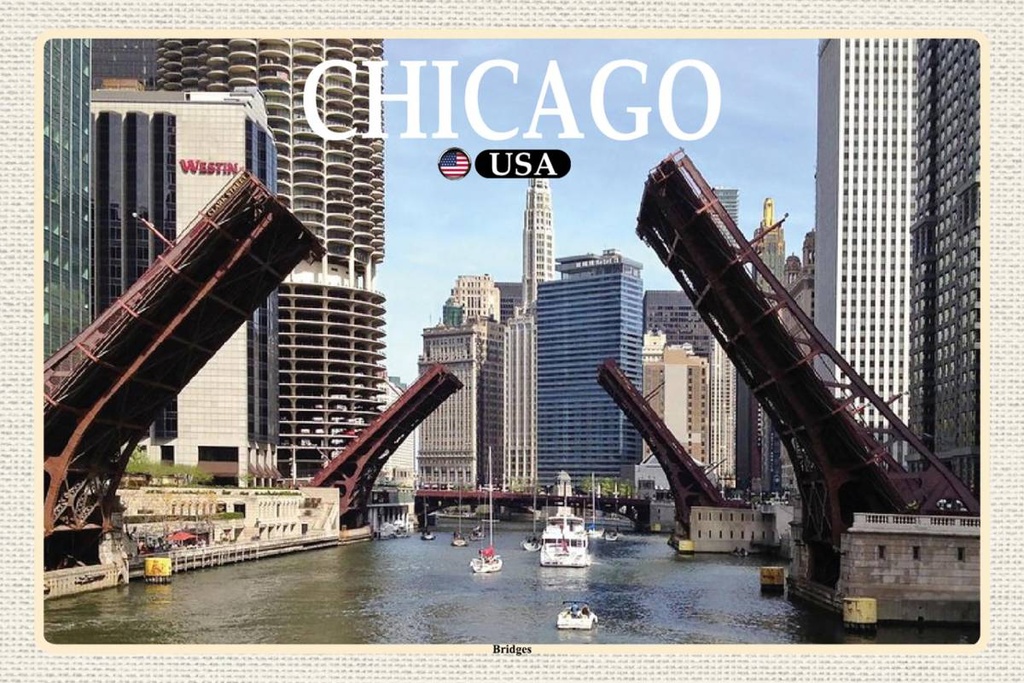 Holzschild 12x18 cm Chicago USA Bridges Brücken Fluss Bildmotiv Reisemotiv Abenteuer Reisen