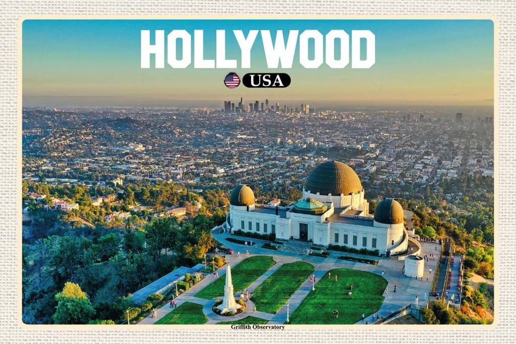 Holzschild 12x18 cm Hollywood USA Griffith Observatory Bildmotiv Reisemotiv Abenteuer Reisen