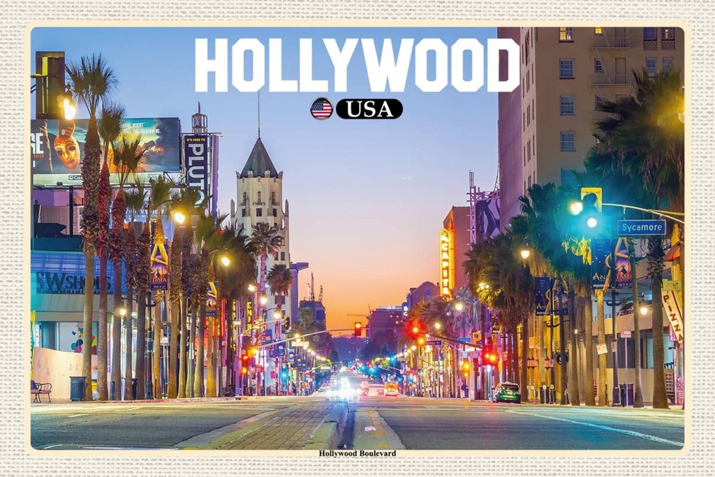 Holzschild 12x18 cm Hollywood USA Boulevard Bildmotiv Reisemotiv Abenteuer Reisen