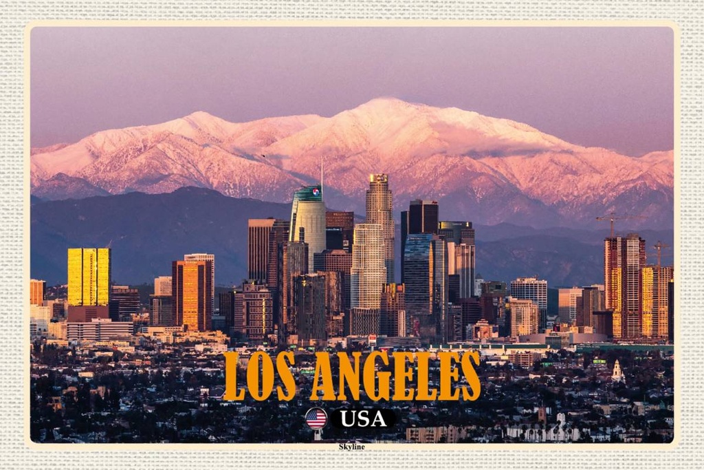 Holzschild 12x18 cm Los Angeles Skyline Berge Wolkenkratzer Bildmotiv Reisemotiv Abenteuer Reisen