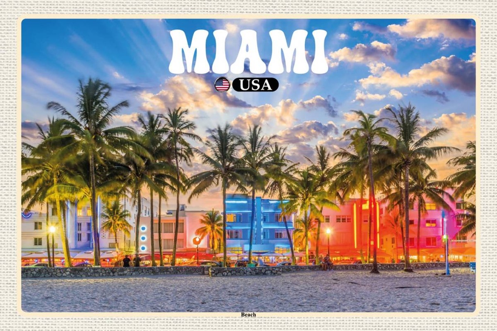 Holzschild 12x18 cm Miami USA Strand Palmen Bildmotiv Reisemotiv Abenteuer Reisen