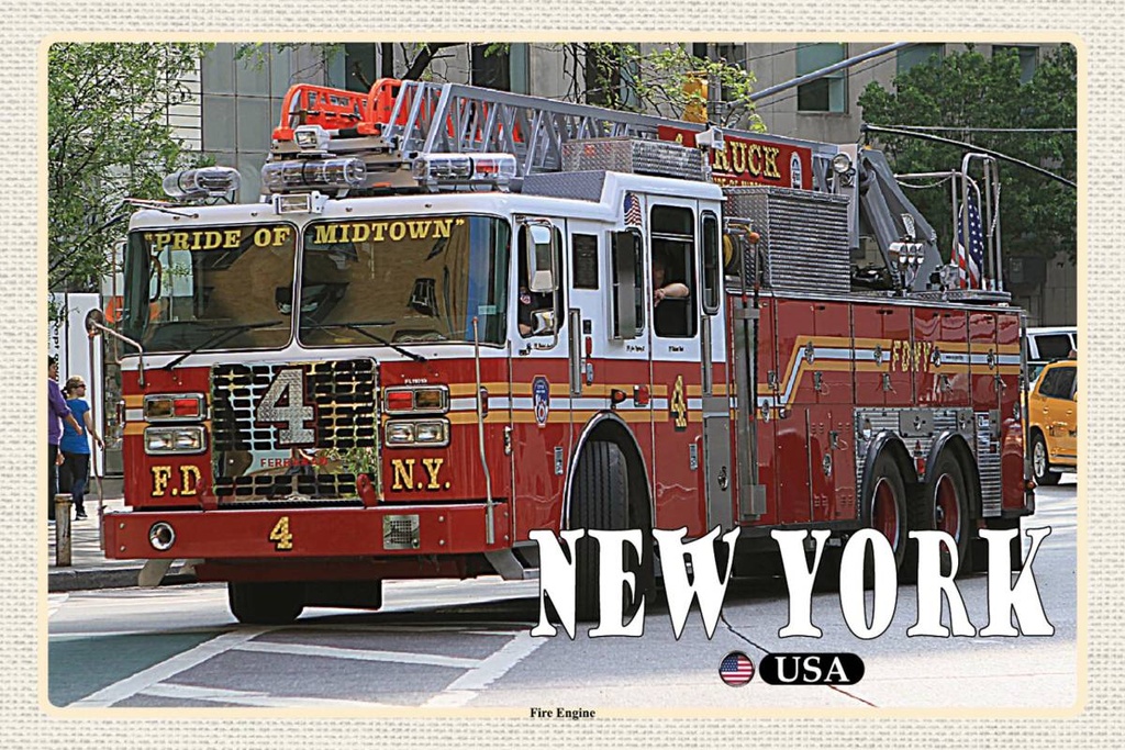 Holzschild 12x18 cm New York USA Fire Engine Feuerwehrauto Bildmotiv Reisemotiv Abenteuer Reisen