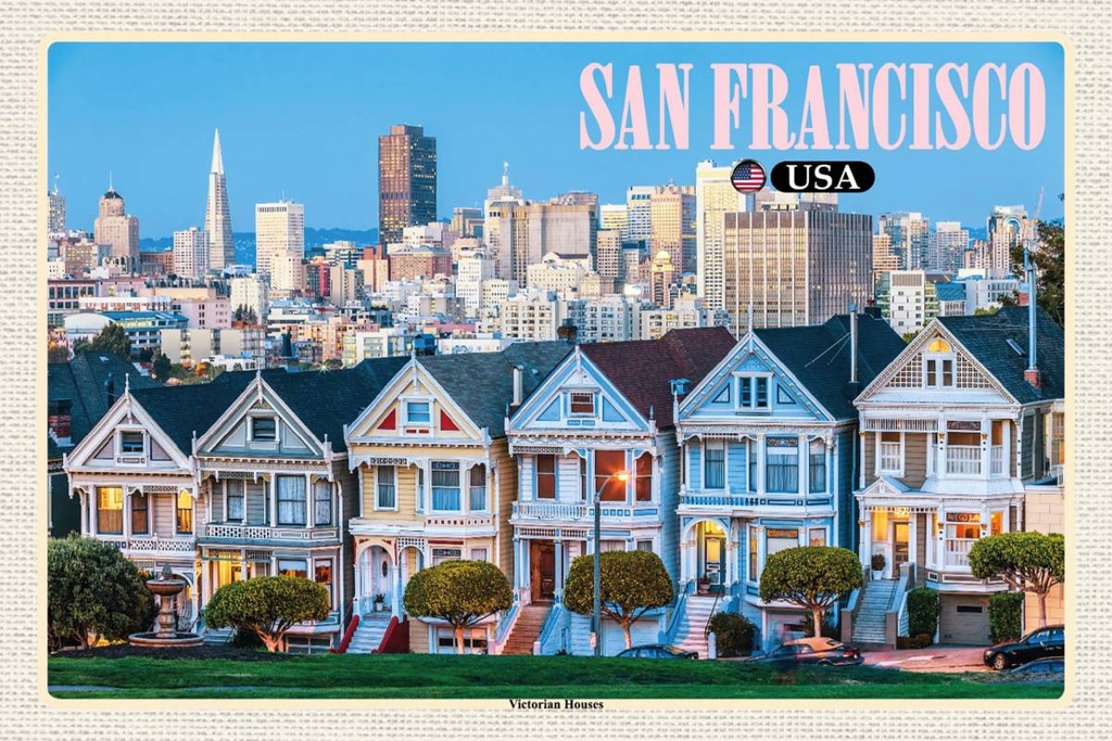 Holzschild 12x18 cm San Francisco USA Victorian Houses Bildmotiv Reisemotiv Abenteuer Reisen