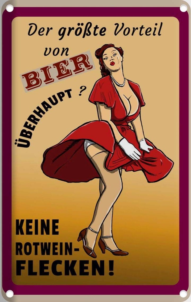 [LA-112355-2030] Blechschild 30x20 cm Pinup Vorteil Bier keine Rotweinflecken Pin Up Spruch Zitat