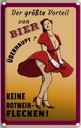 Blechschild 30x20 cm Pinup Vorteil Bier keine Rotweinflecken Pin Up Spruch Zitat