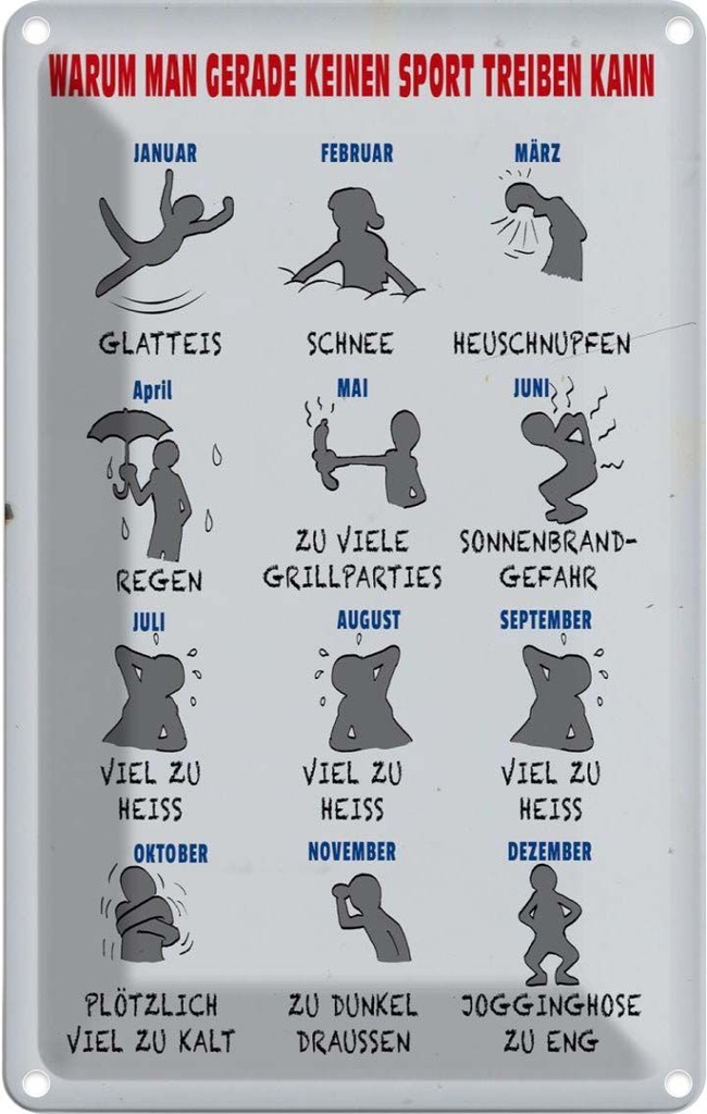 [LA-112358-2030] Blechschild 30x20 cm Gründe keinen Sport zu treiben Dekoration Spruch Zitat