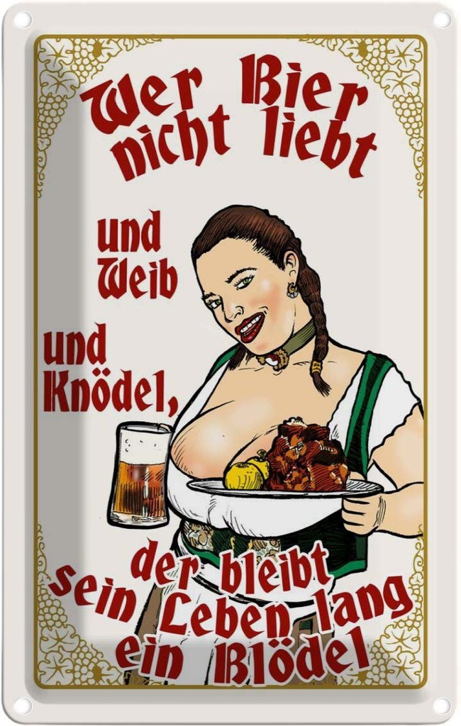 [LA-112492-2030] Blechschild 30x20 cm Pinup wer Zitat Bier nicht liebt ein Blödel Pin Up Spruch
