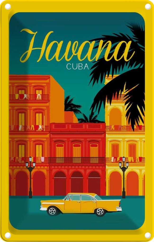 [LA-112560-2030] Blechschild 30x20 cm Havana Cuba Zeichnung gelbes Auto Abenteuer Reisen Urlaub